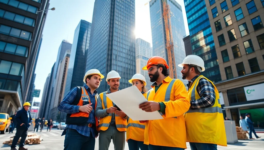 Manhattan Commercial General Contractor team collaborating on construction plans in New York City.