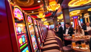 Menampilkan pemain hingga QRIS108 Slot dengan mesin slot bersinar dan atmosfer kasino yang meriah.
