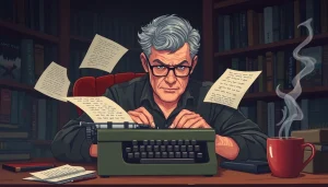 Action thriller author immersed in writing, surrounded by thriller books and a vintage typewriter.