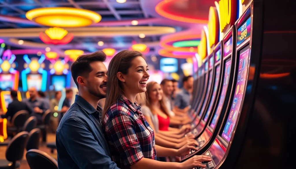 Pemain merayakan kemenangan pada bro138 slot dengan kegembiraan di kasino modern.