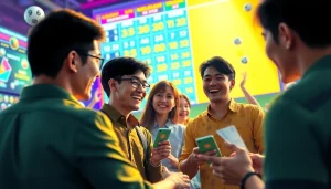 Bermain togel online dengan pemain antusias dan antarmuka digital yang penuh warna.