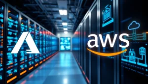 Visualizing Azure & AWS Integration with interconnected server racks and cloud architecture.