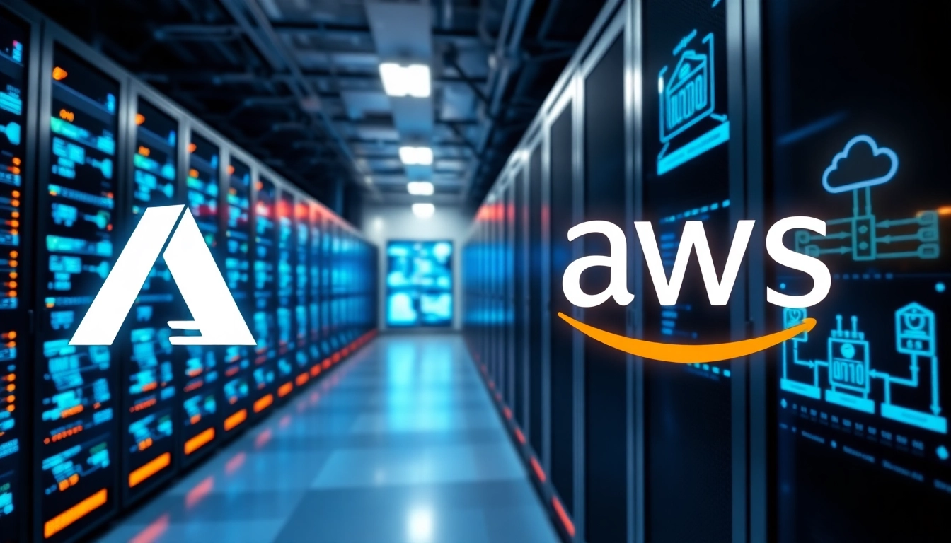 Visualizing Azure & AWS Integration with interconnected server racks and cloud architecture.