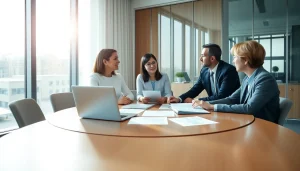 Discussing wealth management San Antonio strategies in a modern office setting with clients.