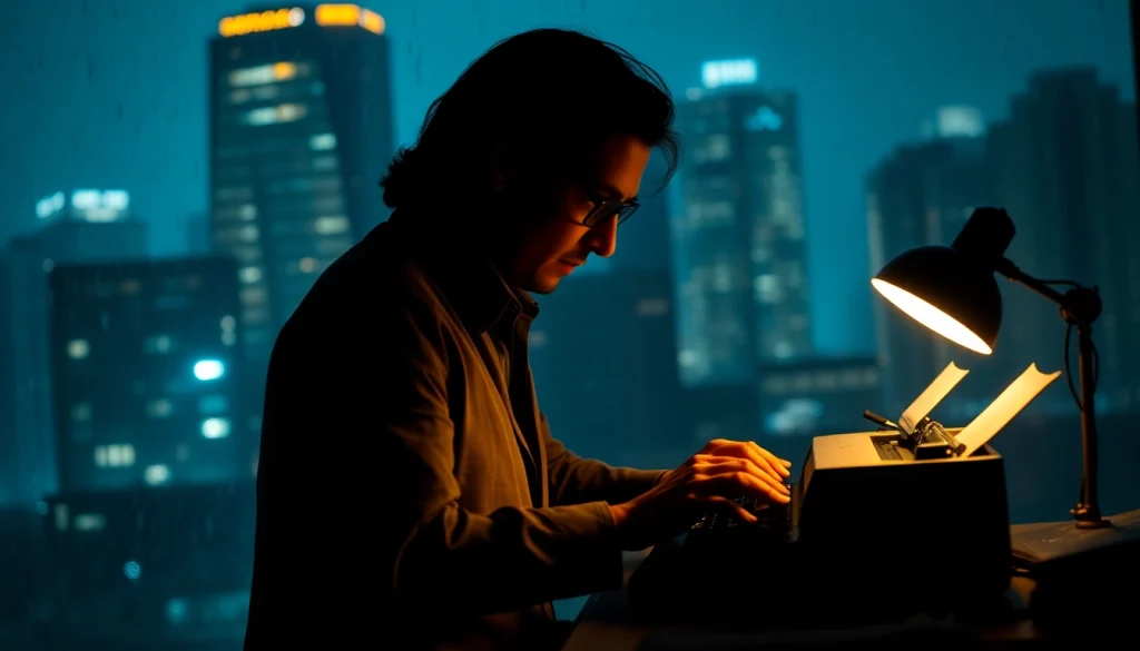 Engaging action thriller author writing at a desk, illuminating urban mystery through creativity.