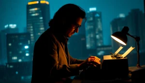 Engaging action thriller author writing at a desk, illuminating urban mystery through creativity.