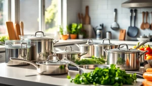 Showcasing premium kitchenware Auckland in a modern cooking environment with bright sunlight.