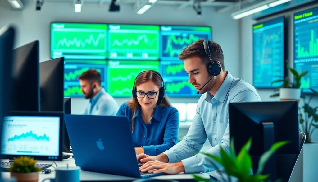 Engaged IT support service team collaboratively solving technical issues in a modern office.