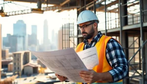 New York General Contractor analyzing blueprints on a busy construction site in NYC.
