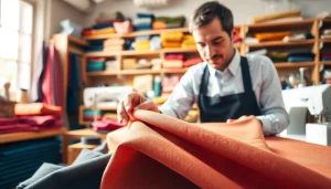 Punta di Roma stof wordt vakkundig bewerkt door een professionele kleermaker in een modeatelier.