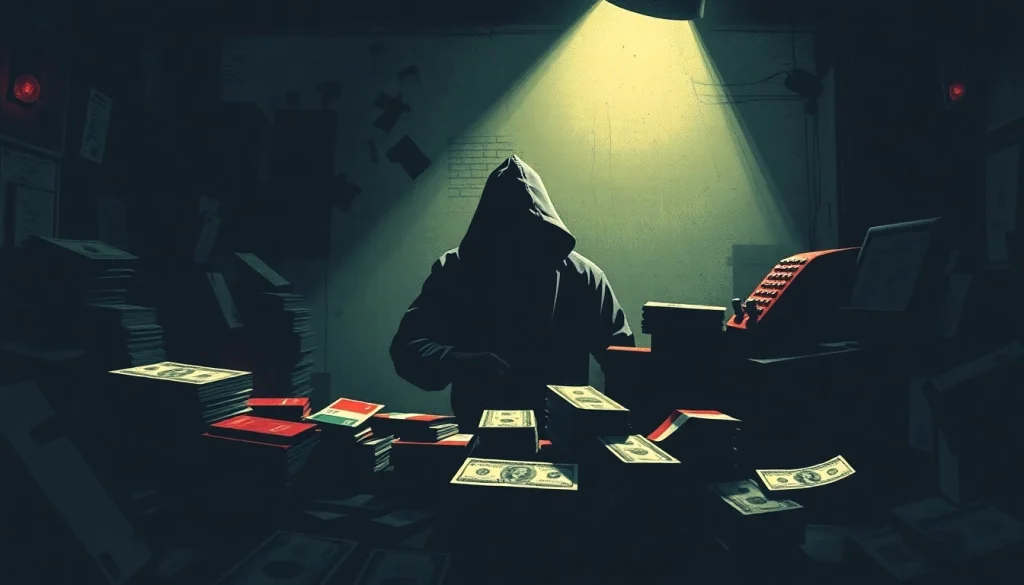 카드깡과 관련된 풍경에서 화려한 현금을 들고 있는 인물의 그림