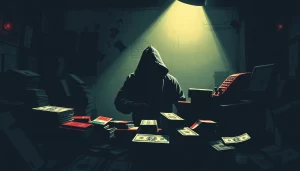 카드깡과 관련된 풍경에서 화려한 현금을 들고 있는 인물의 그림