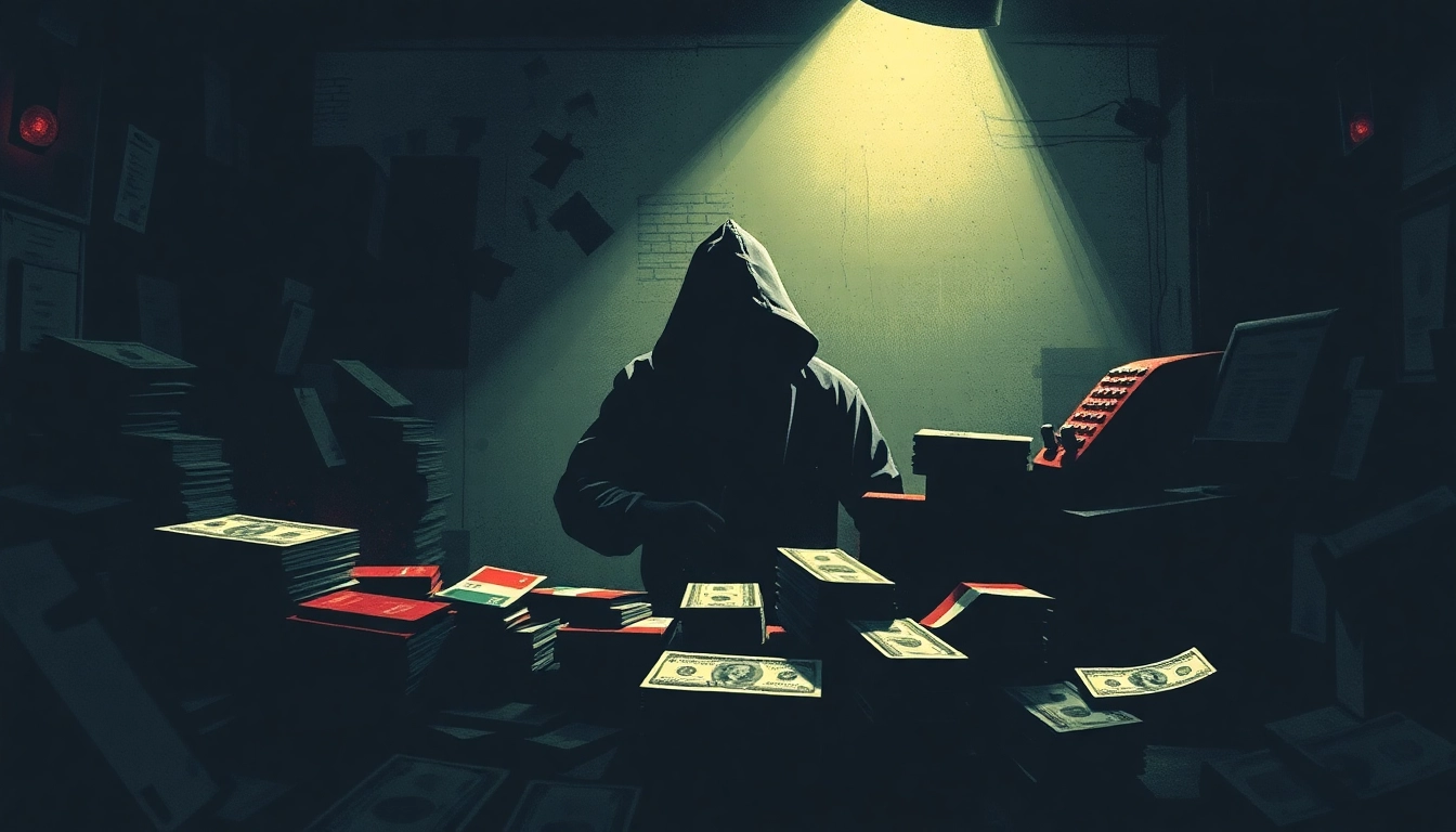 카드깡과 관련된 풍경에서 화려한 현금을 들고 있는 인물의 그림
