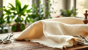 Ongebleekt katoen met natuurlijke textuur en ambachtelijke naaigereedschappen in beeld.