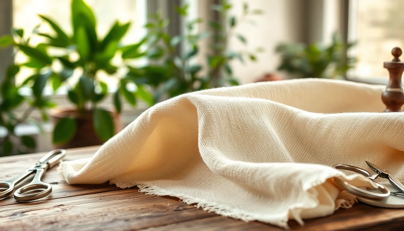 Ongebleekt katoen met natuurlijke textuur en ambachtelijke naaigereedschappen in beeld.