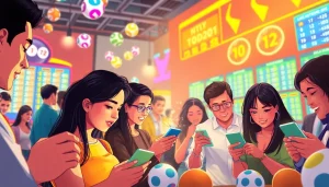Menggambarkan pemain toto togel yang bersemangat dengan perangkat digital dan bola lotere berwarna.