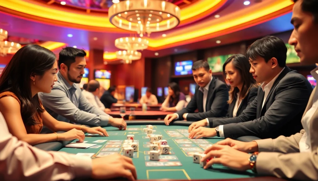 Menggambarkan pemain togel online yang terlibat dalam permainan di kasino modern yang bergembira.