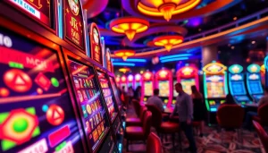 Menggunakan slot online di mesin slot yang berwarna-warni dan hidup di kasino.