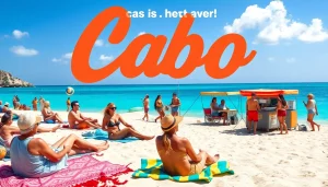 Budget travel Cabo scene with diverse travelers enjoying activities on a beautiful beach.