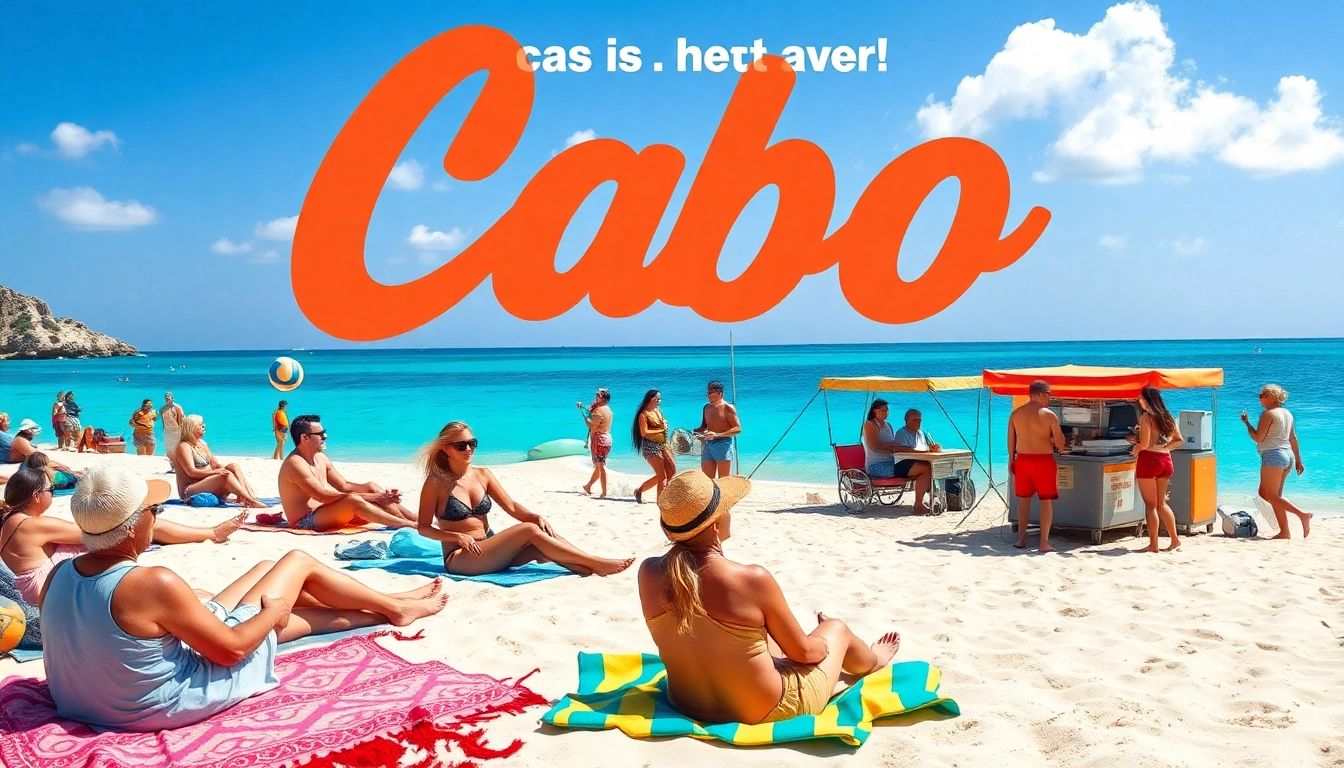 Budget travel Cabo scene with diverse travelers enjoying activities on a beautiful beach.