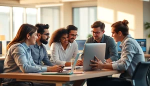 Showcasing a productive scene of wordpress development outsourcing teamwork in a bright office.