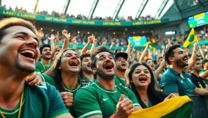 Engaged fans celebrating sports betting Brazil in a vibrant stadium atmosphere.