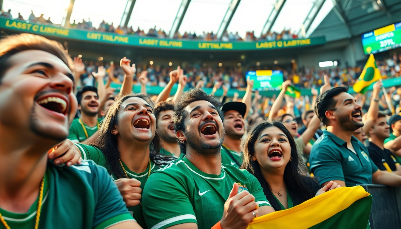 Engaged fans celebrating sports betting Brazil in a vibrant stadium atmosphere.