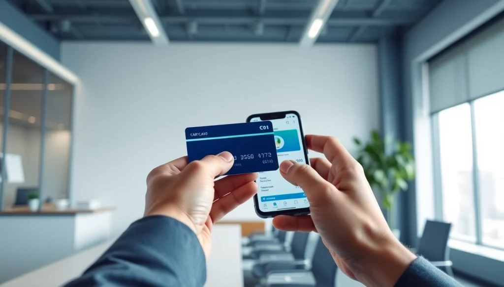 카드 현금화를 위해 신용카드를 사용하는 모습, 전문가적인 환경에서