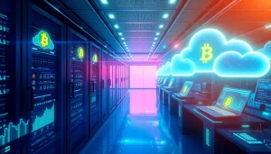 Visual representation of bitcoin cloud mining with digital servers and blockchain networks.