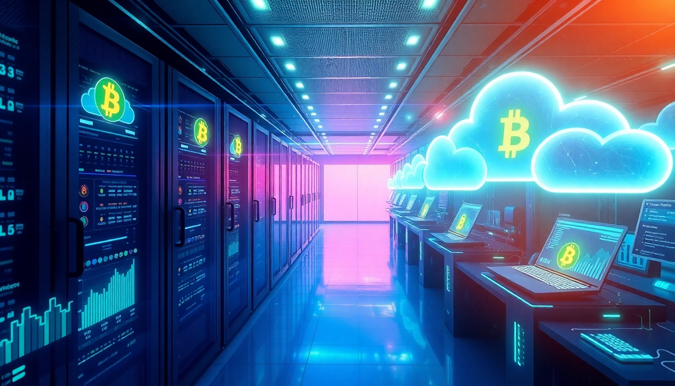 Visual representation of bitcoin cloud mining with digital servers and blockchain networks.