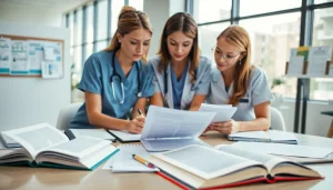 Nurses reviewing a nursing research paper format, focused on collaboration and study.