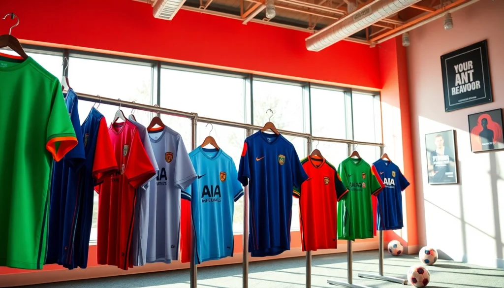 Showcase of cheap football kits in a vibrant store, featuring colorful jerseys and energetic atmosphere.