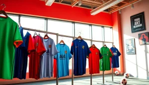 Showcase of cheap football kits in a vibrant store, featuring colorful jerseys and energetic atmosphere.