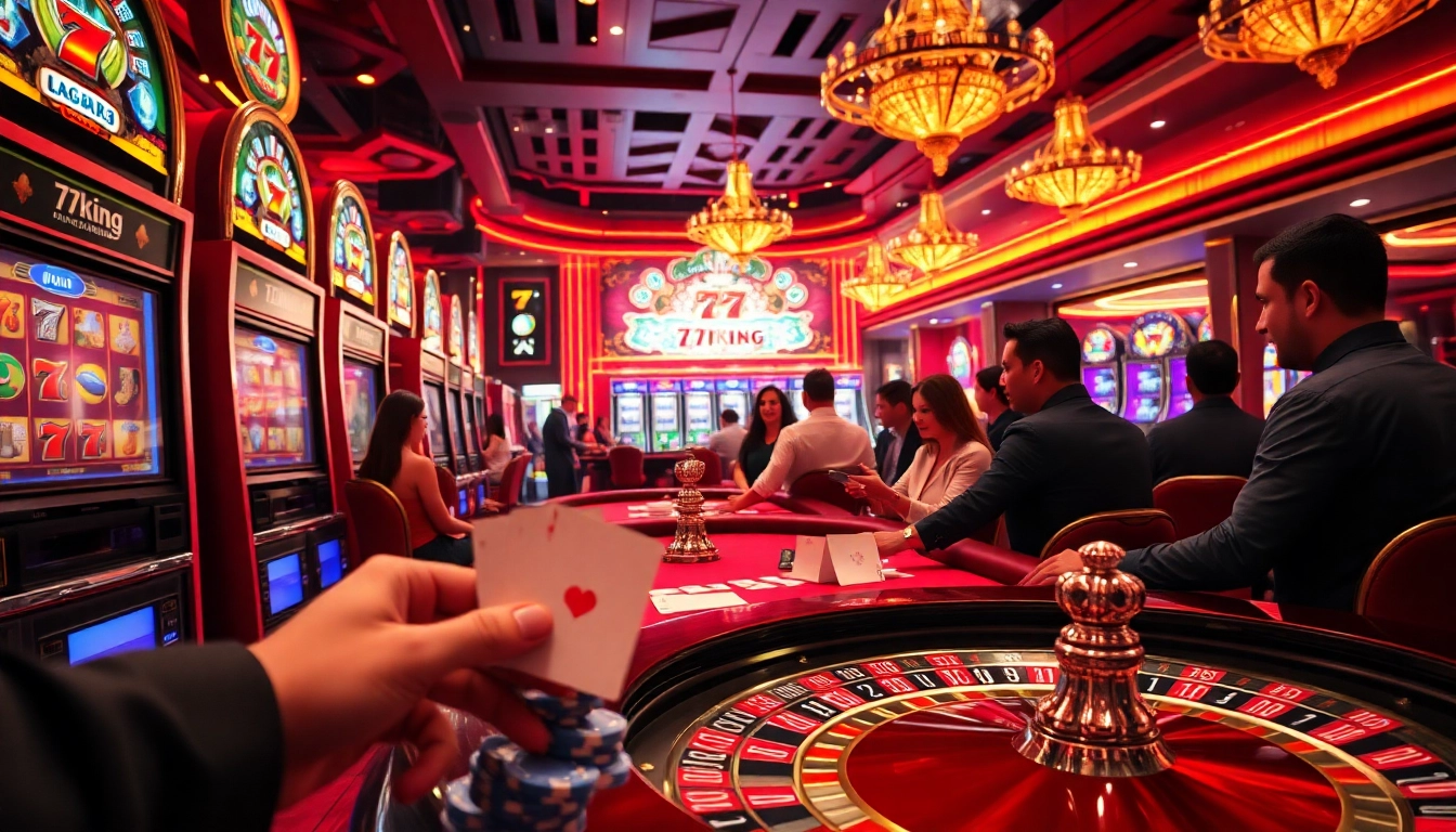 Players enjoying an exciting moment at 79king hn casino, with roulette and slot machines in view, showcasing the thrill of gaming.