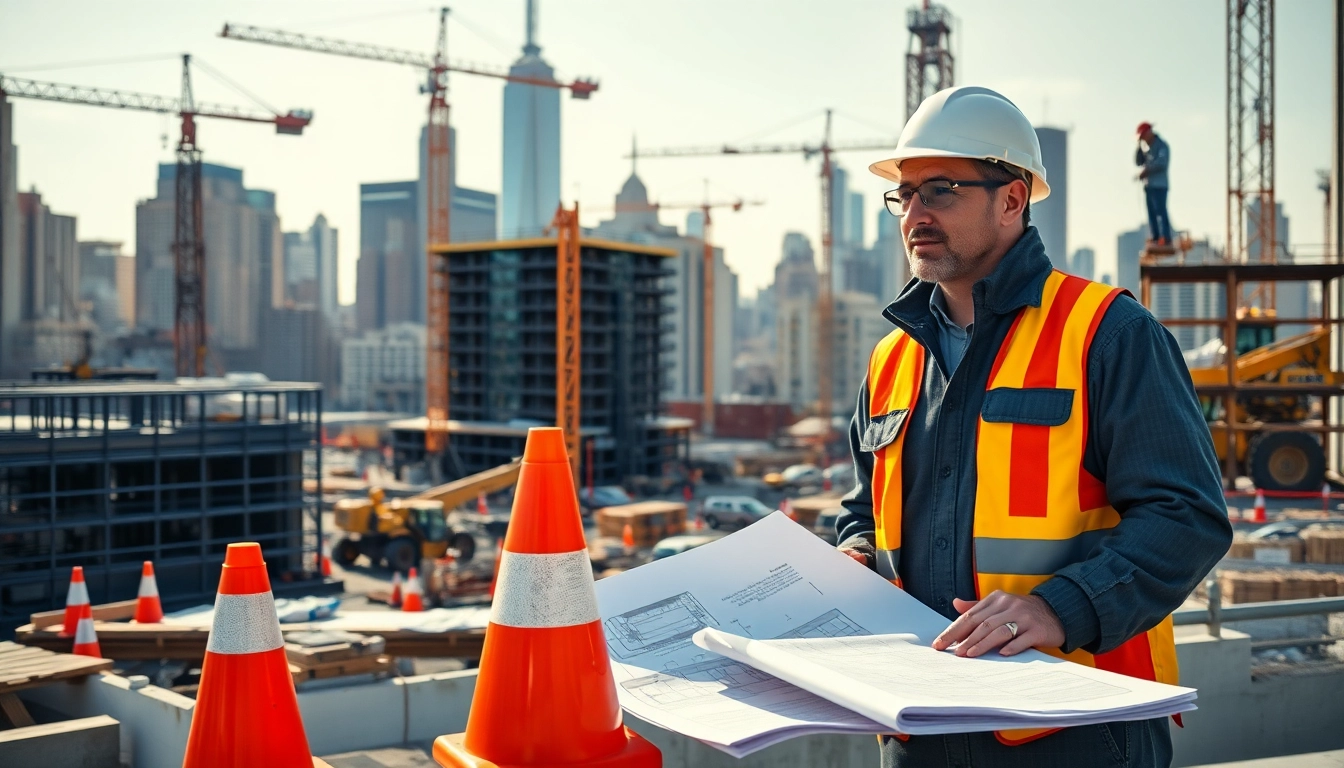 New York Construction Manager overseeing a thriving construction project with city skyline in background.