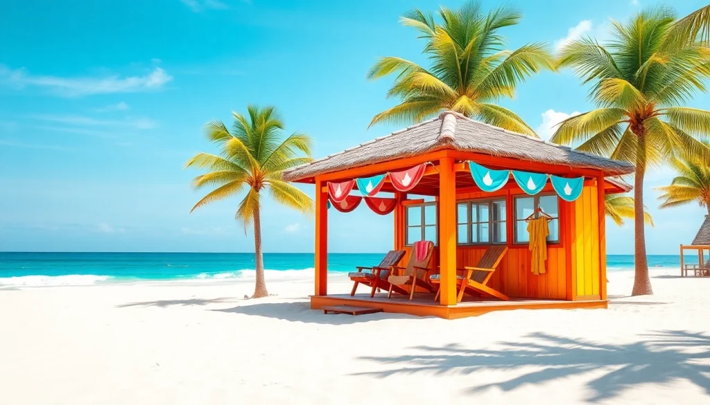 Resting at the beachfront, a vibrant coastal cabana surrounded by palm trees and sunny beach atmosphere.