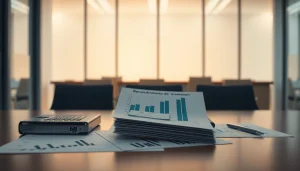 Calcula el rendimiento de inversión mediante gráficos financieros y documentos en una oficina profesional.