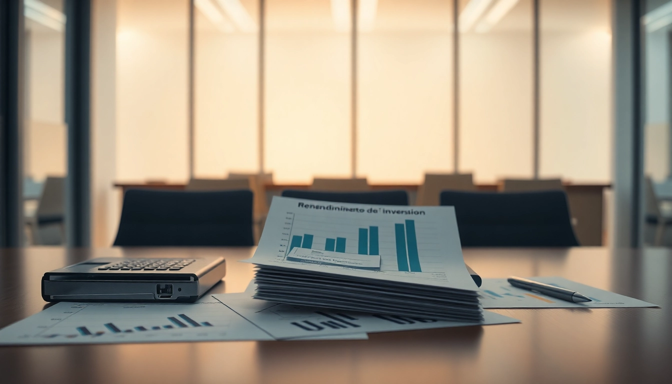 Calcula el rendimiento de inversión mediante gráficos financieros y documentos en una oficina profesional.