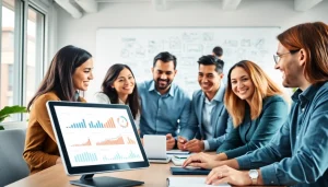 Empowered SEO agency team brainstorming innovative strategies in a modern office.