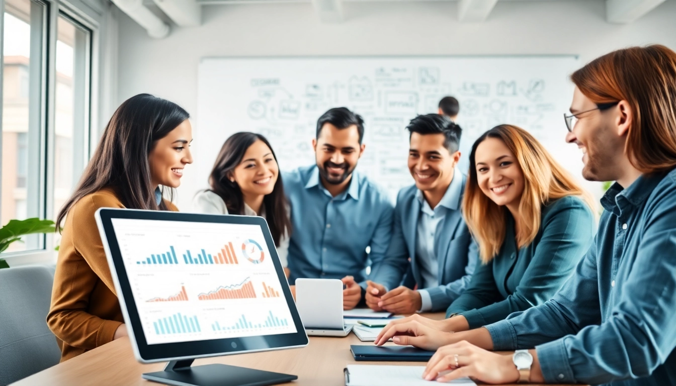 Empowered SEO agency team brainstorming innovative strategies in a modern office.