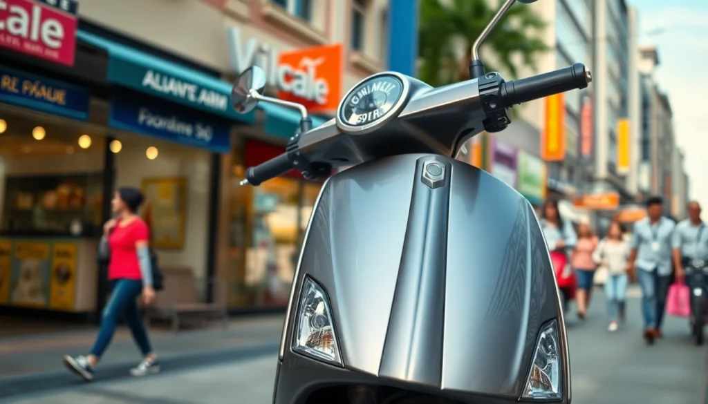 Roller 50ccm kaufen mit modernem Design vor geschäftigen Straßen und Shops in der Stadt.