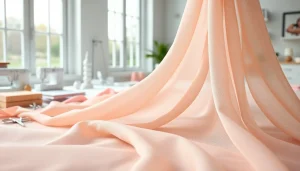 Mousseline stof met delicate textuur gedragen in een heldere studioomgeving.