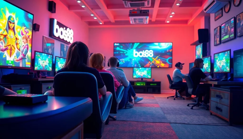 Menggambarkan pengguna menikmati permainan bos88 dengan penuh semangat dan interaksi sosial.