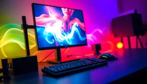 Menggambarkan pengalaman bermain komengtoto gacor dengan perangkat gaming yang canggih dan warna cerah.