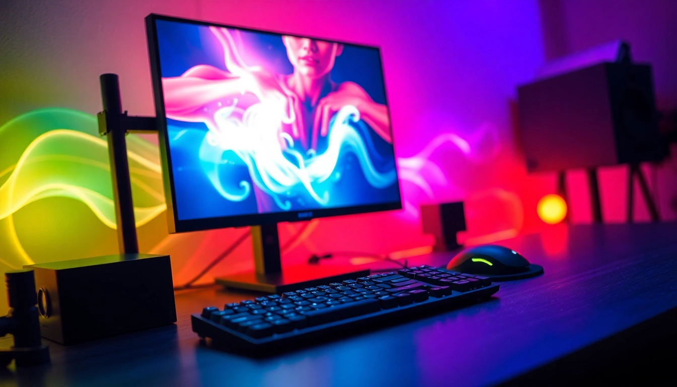 Menggambarkan pengalaman bermain komengtoto gacor dengan perangkat gaming yang canggih dan warna cerah.