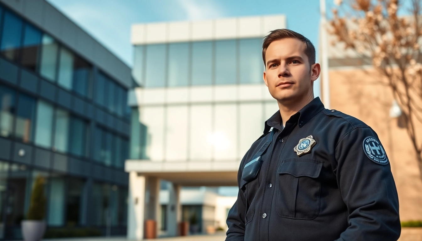 Security Services Fredericksburg guard assessing safety at a modern office building, showcasing professionalism and security.
