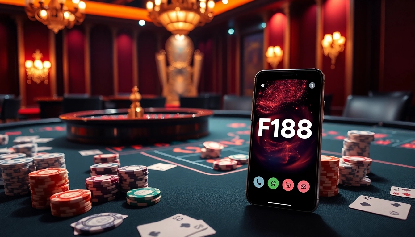 Engaging scene showcasing a high-stakes gambling table at F168, featuring vibrant poker chips, cards, and roulette for an immersive experience.