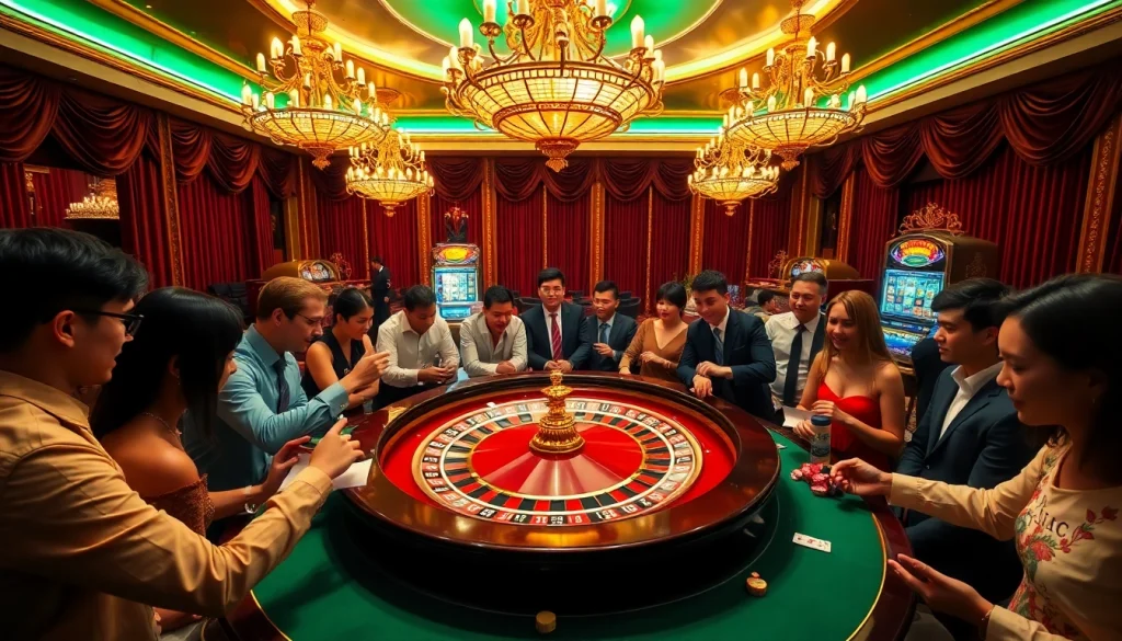 A vibrant casino scene showcasing players enjoying a roulette game, emphasizing strategy with "Nếu như vậy bám vào đây".