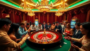 A vibrant casino scene showcasing players enjoying a roulette game, emphasizing strategy with "Nếu như vậy bám vào đây".