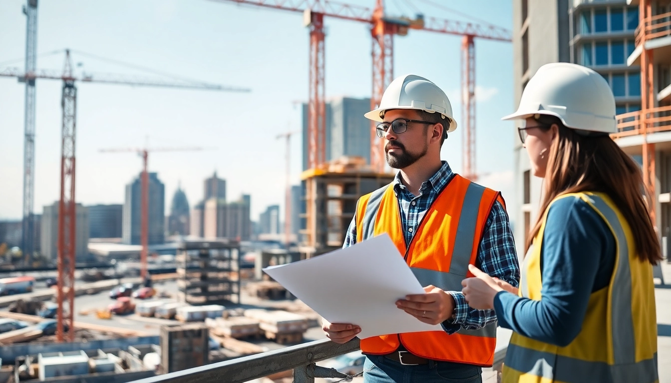 New Jersey Construction Manager supervising a bustling urban construction site with architectural details.